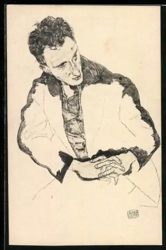 Künstler-AK sign. Egon Schiele: Mann mit offener Jacke und verschränkten Händen