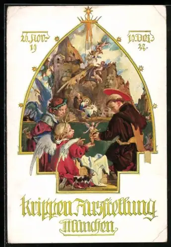 Künstler-AK München, Krippen-Ausstellung 1927, Münchner Kindl als Krippenbauer