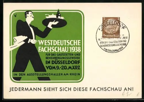 AK Düsseldorf, Westdeutsche Fachschau für das Gaststättengewerbe 1938, Kellner mit Tablett