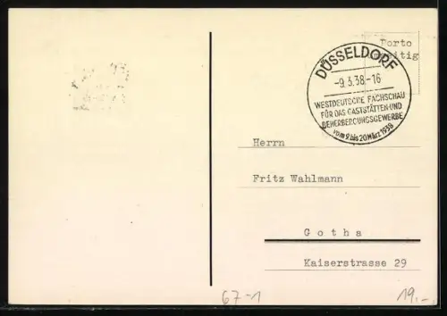 AK Düsseldorf, Westdeutsche Fachschau für das Gaststättengewerbe 1938, Kellner mit Tablett