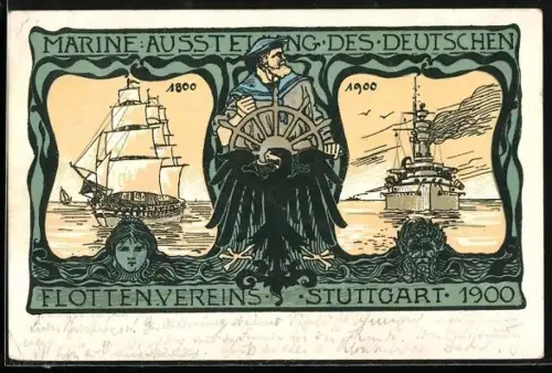 Künstler-AK Stuttgart, Marine-Ausstellung des Deutschen Flottenvereins 1900, Kriegsschiffe 1800 und 1900