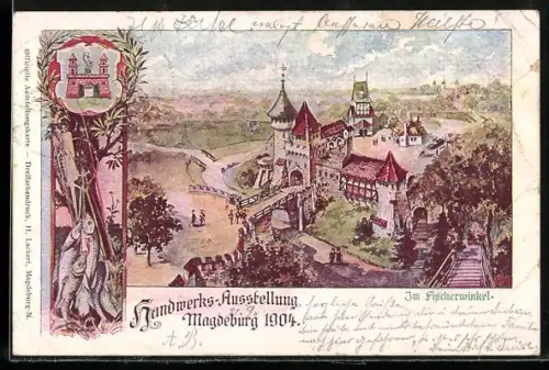 Lithographie Magdeburg, Handwerks-Ausstellung 1904, im Fischerwinkel