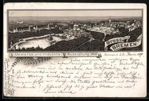 Lithographie Bremen, Gewerbe und Industrie-Ausstellung 1890, Blick auf das Ausstellungsgelände