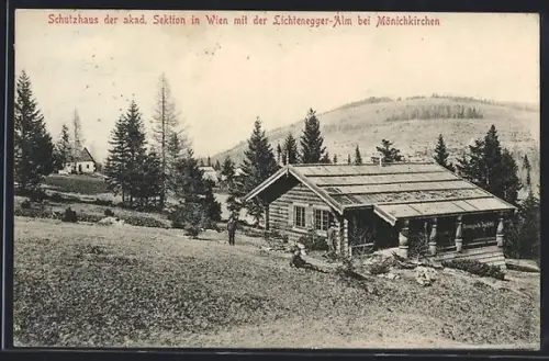 AK Lichtenegger Schutzhütte /Mönichkirchen, Berghütte mit Alm
