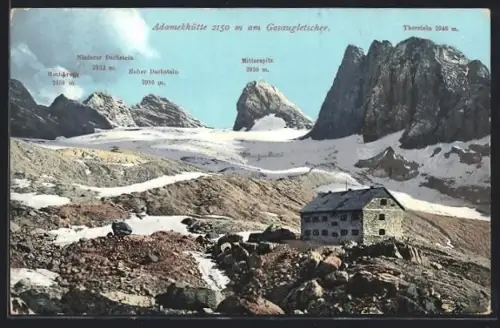 AK Adamekhütte, Berghütte am Gosaugletscher mit Hochkreuz, Mitterspitz und Thorstein