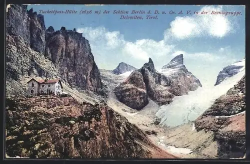 AK Tuckettpass-Hütte /Dolomiten, Ansicht mit Brentagruppe