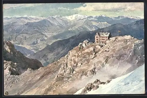 Künstler-AK Payerhütte, Panorama mit der Ötzthaler Gebirgsgruppe