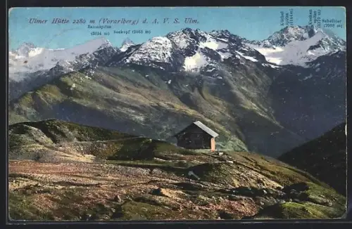 AK Ulmer Hütte /Vorarlberg, Ansicht mit Saumspitze