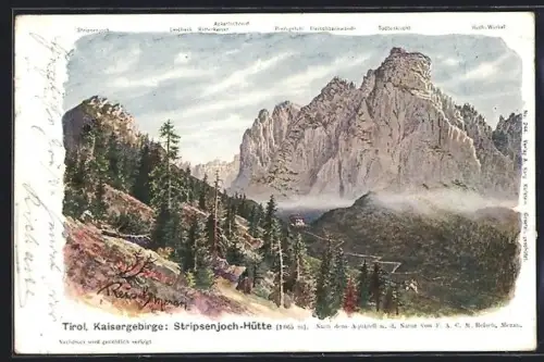 Künstler-AK F.A.C.M. Reisch: Stripsenjoch-Hütte, Berghütte im Kaisergebirge
