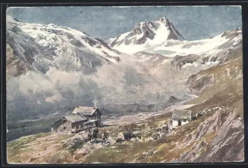 Künstler-AK Stubai-Hotel /Fulpmes, Ansicht mit Bergspitze