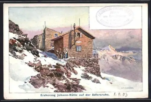 Künstler-AK Edward Harrison Compton: Erzherzog Johann-Hütte auf der Adlersruh in Schneelandschaft