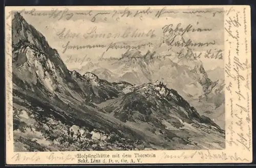 Künstler-AK Hofpürglhütte /Dachstein-Gebiet, Ansicht mit Umgebung u. Thorstein