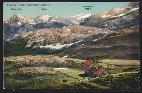 AK Tilisuna Hütte /Vorarlberg, Berghütte mit Platinaspitze, Gehörn u. Sarottlaspitze