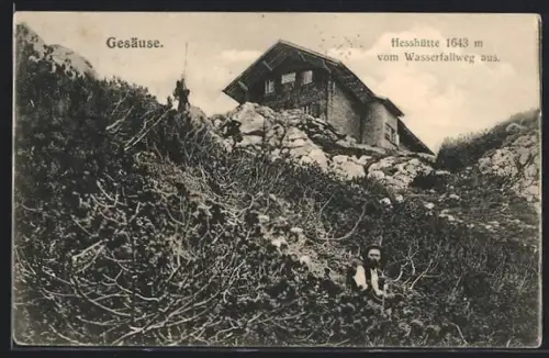 AK Hesshütte, Blick vom Wasserfallweg auf die Hütte