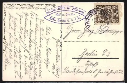 AK Berliner Hütte /Zillertal, Berghütte mit Gipfel aus der Vogelschau