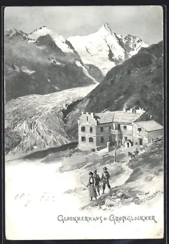 Künstler-AK Edward Theodore Compton: Glocknerhaus und Grossglockner mit Bergsteigern
