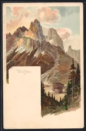 Lithographie Cortina d`Ampezzo, Tre Croci, Blick zur Ortschaft