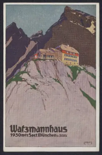 Künstler-AK Carl Moos: Blick zur Berghütte Watzmannhaus
