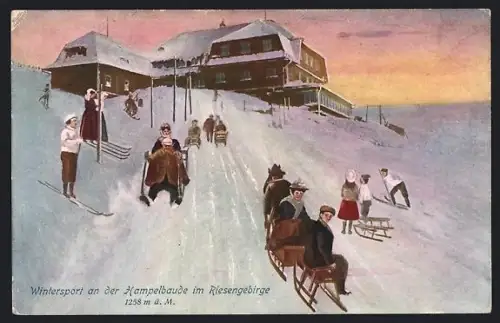 AK Hampelbaude, Wintersport an der Hampelbaude im Riesengebirge