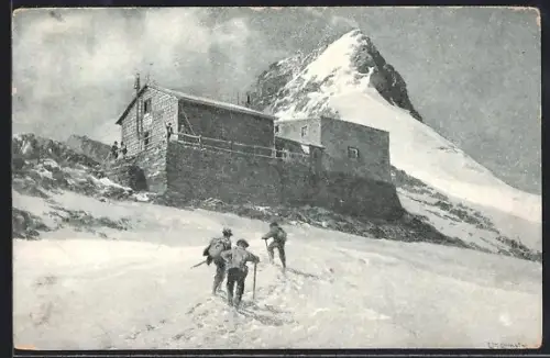 Künstler-AK Edward Theodore Compton: Grossglockner, Glocknerhaus auf der Elisabethruhe mit Wanderern