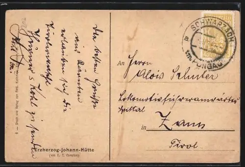 Künstler-AK Edward Theodore Compton: Grossglockner, Glocknerhaus auf der Elisabethruhe mit Wanderern