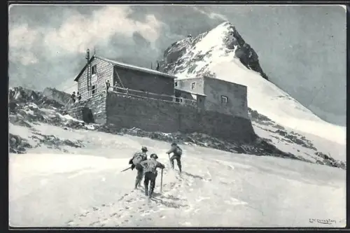 Künstler-AK Edward Theodore Compton: Grossglockner, Glocknerhaus auf der Elisabethruhe mit Wanderern