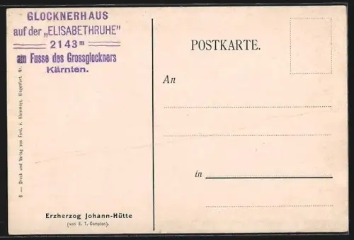 Künstler-AK Edward Theodore Compton: Grossglockner, Glocknerhaus auf der Elisabethruhe mit Wanderern