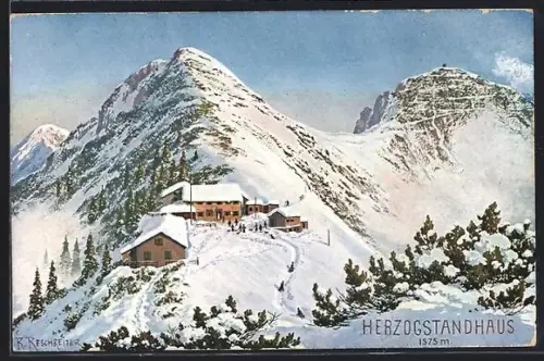Künstler-AK Herzogstandhaus im Winter