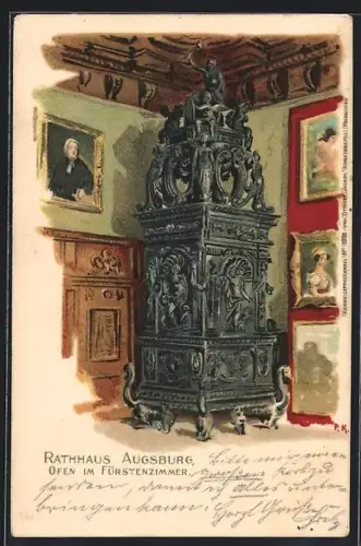 Künstler-AK Augsburg, Rathaus, Ofen im Fürstenzimmer