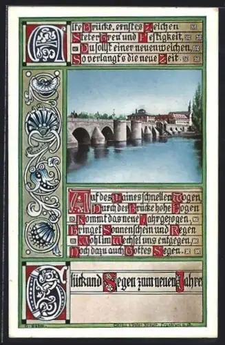 Künstler-AK Frankfurt a. M., Brücke mit aufwändigem Passepartout