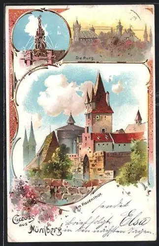 Lithographie Nürnberg, Burg, Frauentor, Schöner Brunnen