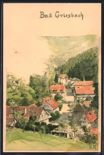 Künstler-AK Bad Griesbach / Baden, Ortsansicht mit Häusern und bewaldeten Hügeln
