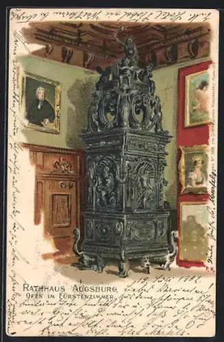 Künstler-AK Augsburg, Rathaus, Ofen im Fürstenzimmer