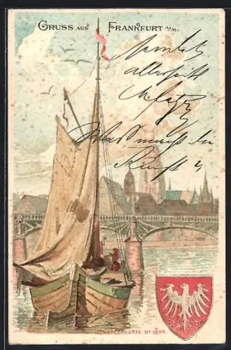 Künstler-AK Frankfurt a. M., Mainbrücke, Boote, Ortsansicht