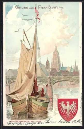 Künstler-AK Frankfurt a /M., Mainbrücke, Dom, Segelboot