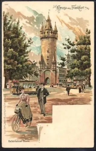 Lithographie Frankfurt a. M., Eschenheimer Turm mit Strassenbahn