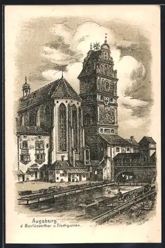 Künstler-AK Augsburg, Barfüssertor und Fischgraben
