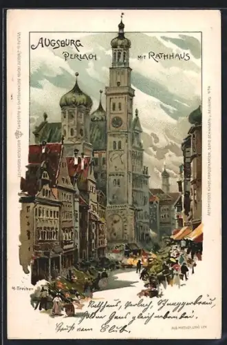 Künstler-AK Augsburg, Perlach, Rathaus