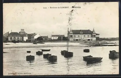 AK Lomener /Lorient, Vue sur le rivage avec bateaux amarrés et bâtiments en arrière-plan