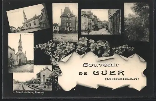 AK Guer /Morbihan, Souvenir avec vues de l`église, des rues et des paysages environnants