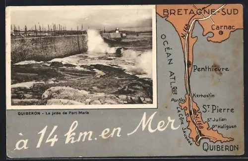 AK Quiberon, La jetée de Port-Maria et carte de la région Bretagne Sud