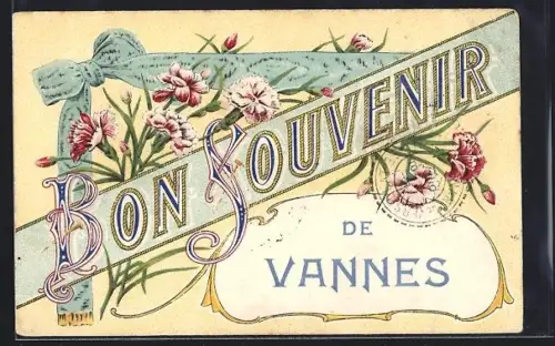 AK Vannes, Bon souvenir de Vannes avec fleurs et ruban décoratif