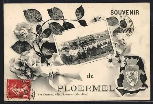 AK Ploërmel /Morbihan, Souvenir de Ploërmel avec armoiries et vue du village