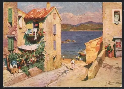 Künstler-AK Saint-Tropez, Vue pittoresque du petit port et des maisons côtières