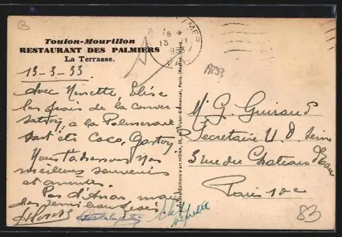 AK Toulon /Mourillon, Restaurant des Palmiers, La Terrasse, vue sur la mer avec palmiers et tables extérieures