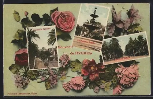 AK Hyères, Souvenir de Hyères avec diverses vues florales et la fontaine Godillot