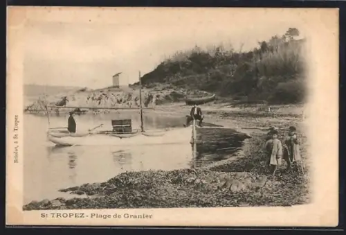 AK St. Tropez, Plage de Granier avec pêcheur et enfants sur le rivage