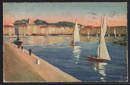 Künstler-AK Saint-Tropez, Vue sur le quai Suffren avec voiliers