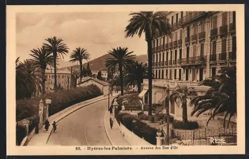 AK Hyères-les-Palmiers, Avenue des Îles d`Or avec palmiers et immeubles élégants