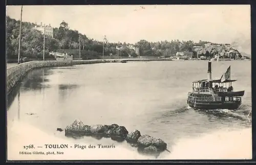 AK Toulon, Plage des Tamaris avec un bateau à vapeur